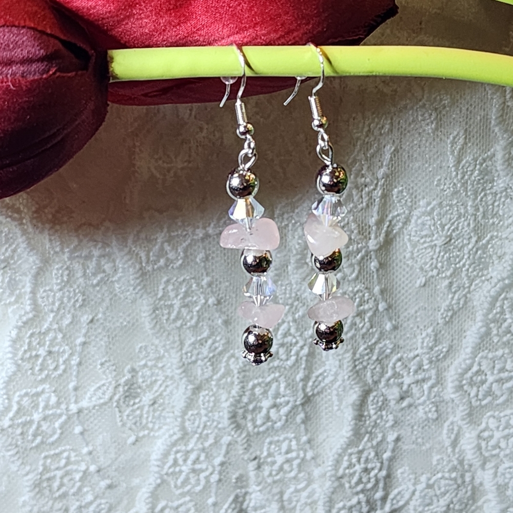Dangle Drop Earrings Silver Toned with Pink Quartz Chips And AB Glass Beads